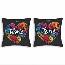 Set of 2 Decorative Throw Pillow Covers 18x18in - Black Floral Heart Design 