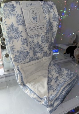 Delphine Envogue Reversible Cotton Gauze Romantic Blue Rose Shabby Chic Blanket