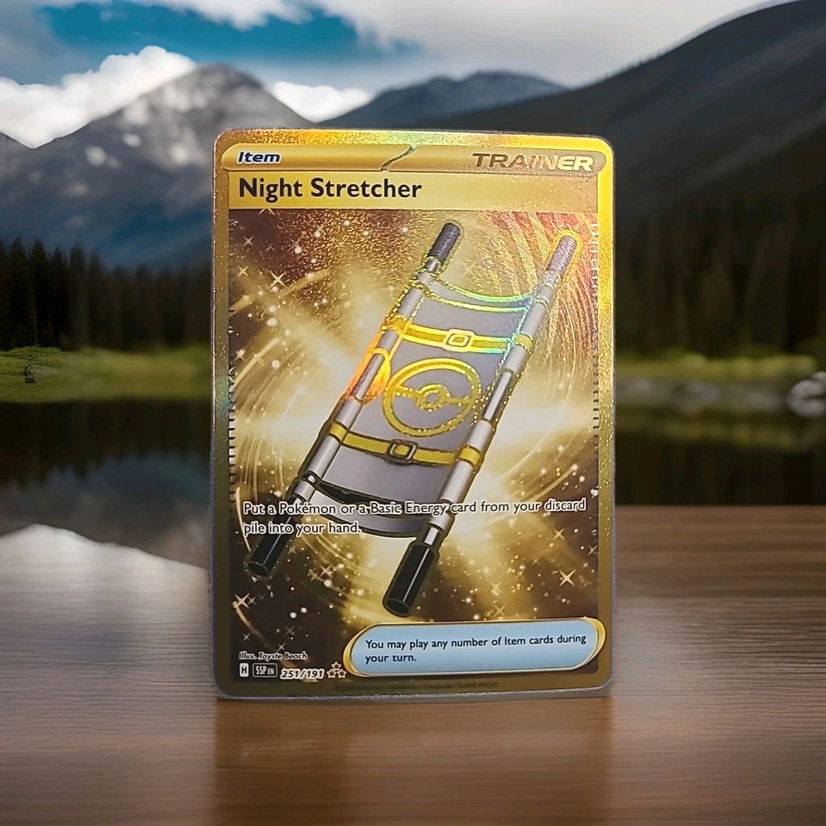gold night stretcher pokemon card - Scarlet & Violet - Surging Sparks - front and back. Rescue Stretcher (Secret) 165/147 -