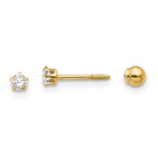 Kids 14k Yellow Gold Crystal Reversible 3mm Ball Screw Back Earrings