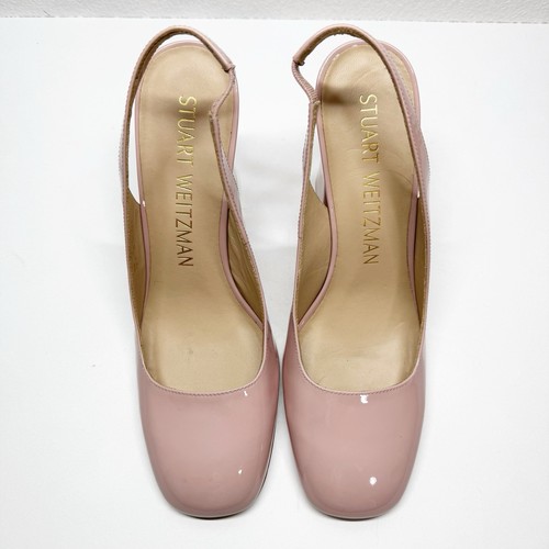 Stuart Weitzman Patent Curveblock Square Toe Slingback Block Heels Pink Size 9 - Picture 2 of 11
