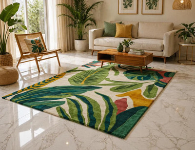Hand Tufted Tropical Leaf Rug, Modern Boho Area Rug, Green Botanical Wool Carpet