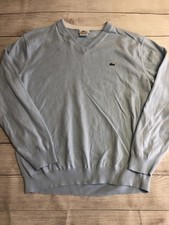 Lacoste Sweater Mens XL Blue V Neck 100 Cotton Knit Pullover Logo Solid Casual
