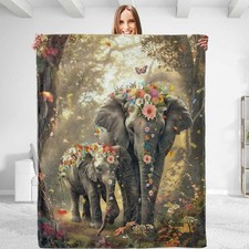 Elephant Family Throw Blanket for Men  Women - Soft Plush Flannel, Comfy and...