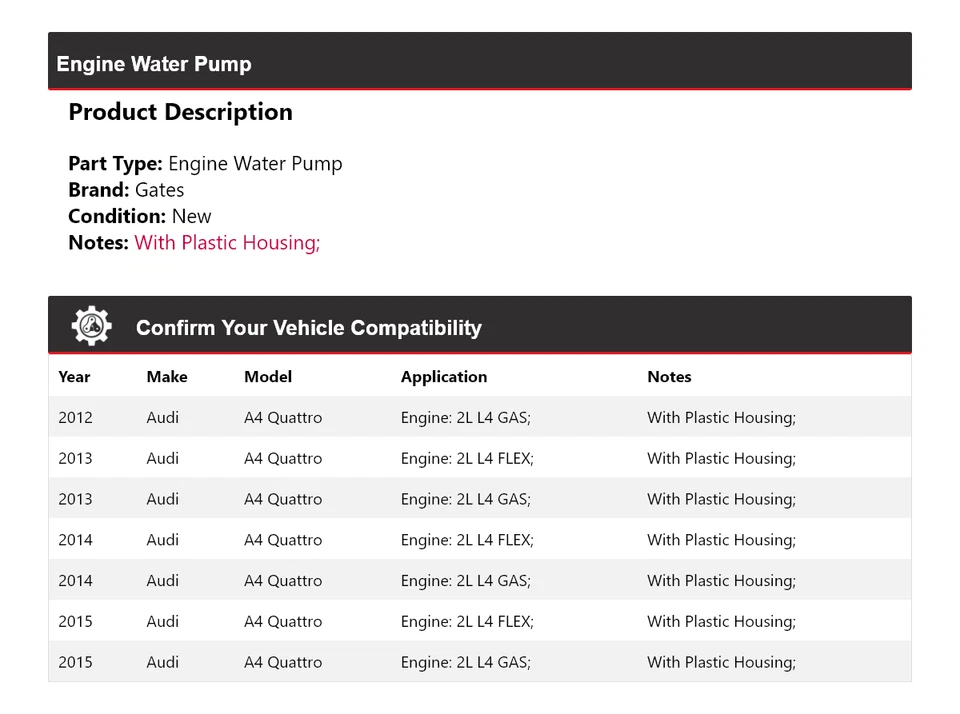 Portões da bomba de água do motor Audi A4 Quattro 2012-2015 2013 2014 - Imagem 2 de 4