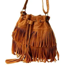 Western Fringe Crossbody Bag Boho Shoulder Purse Tassels Drawstring Bucket Bag
