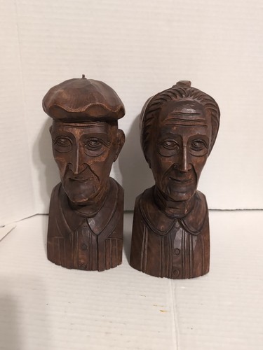 Vintage Hand Carved Wooden Old Man Woman Bust Heads Dark Wood Book Ends 8.5”H - Picture 12 of 12
