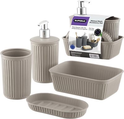 Superio Ribbed Collection - Plastic Bathroom Accessories Set, Taupe (Set of 4)