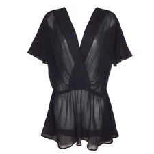 Ruby Ribbon Womens Top Size L Black Sheer Chiffon Short Sleeve Elastic Waist