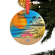 Merry Christmas Beach Flamingo Sunset Bright Colorful Acrylic Ornament w/Ribbon