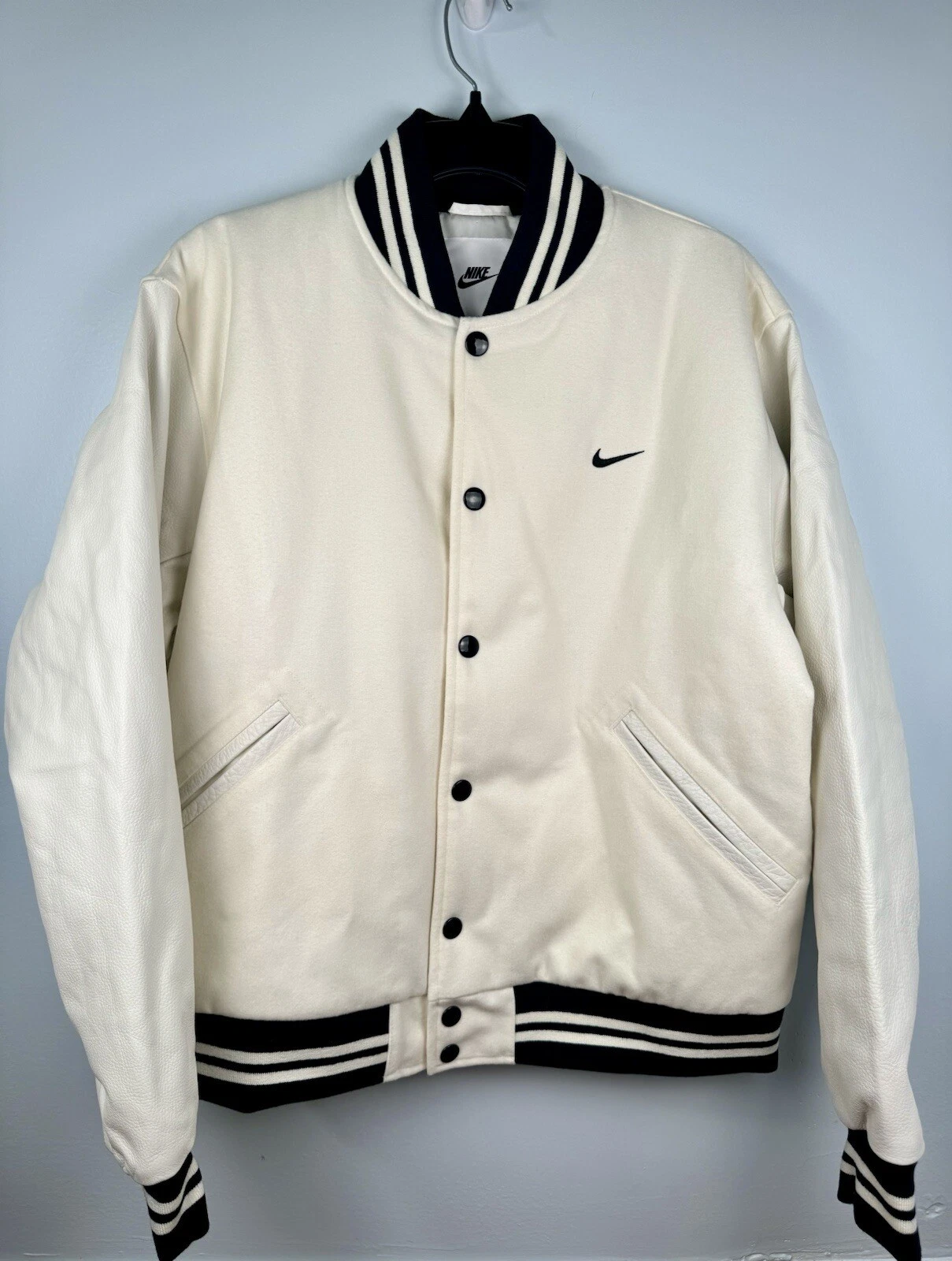 OFF WHITE Nike Authentics Varsity Bomber Giacca Lana Pelle Off White Uomo Taglia Media