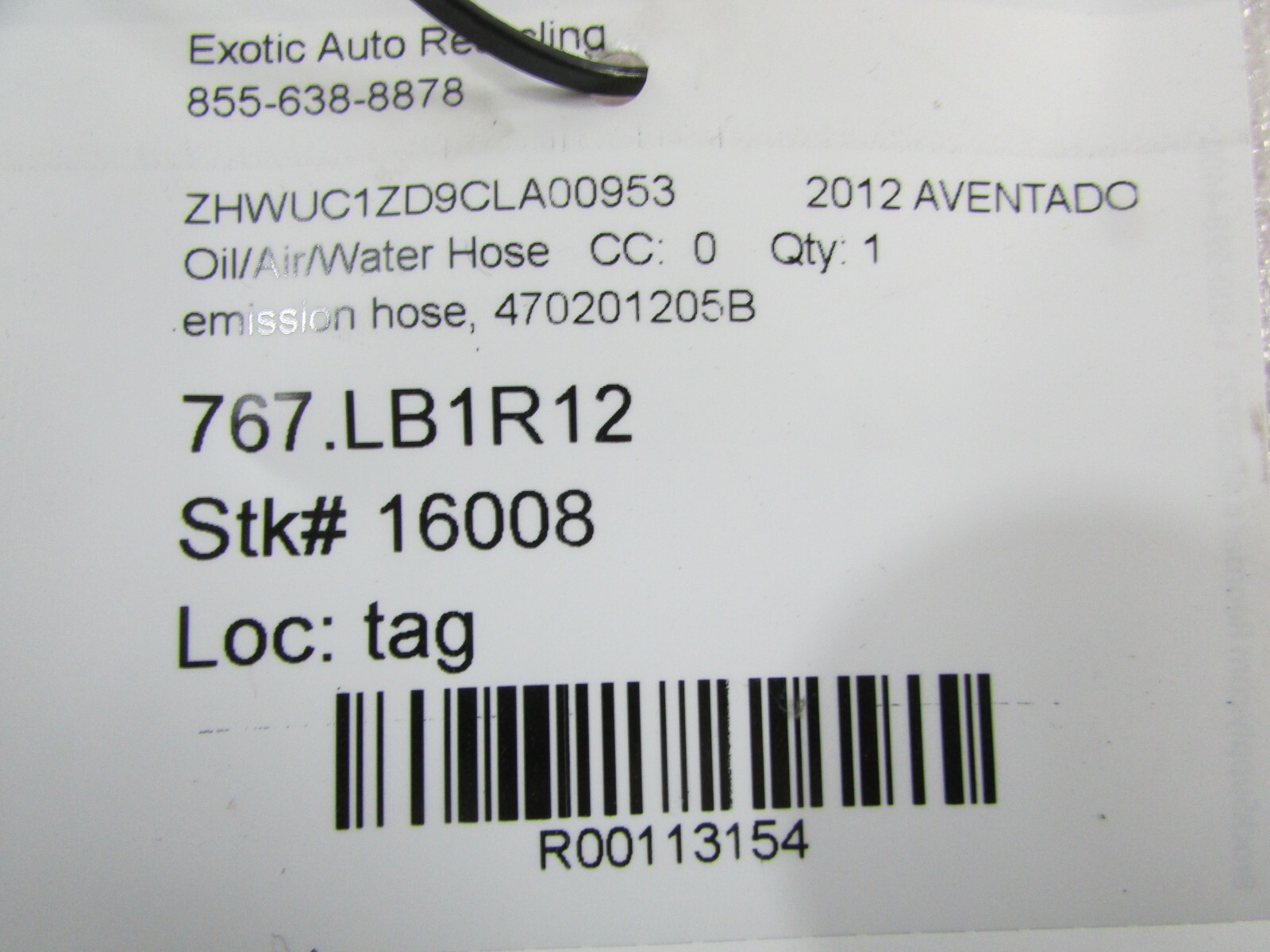 Lamborghini Aventador, Fuel Vapor / Emissions Hose, Used, P/N 470201205B