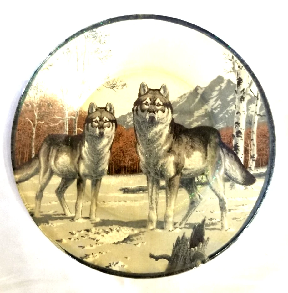 Wolf Couple Western Montana Wolves Hand Made Glass Plate Hanging Wall Decor Art
