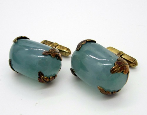 Nachlass Vintage atemberaubende riesige meergrüne Chalzedon Vermeil 31,8 Gramm Manschettenknöpfe - Bild 1 von 7