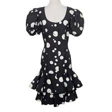 Vintage 80s Victor Costa Polka Dot Dress Womens Size 8 Black Puff Sleeve Party