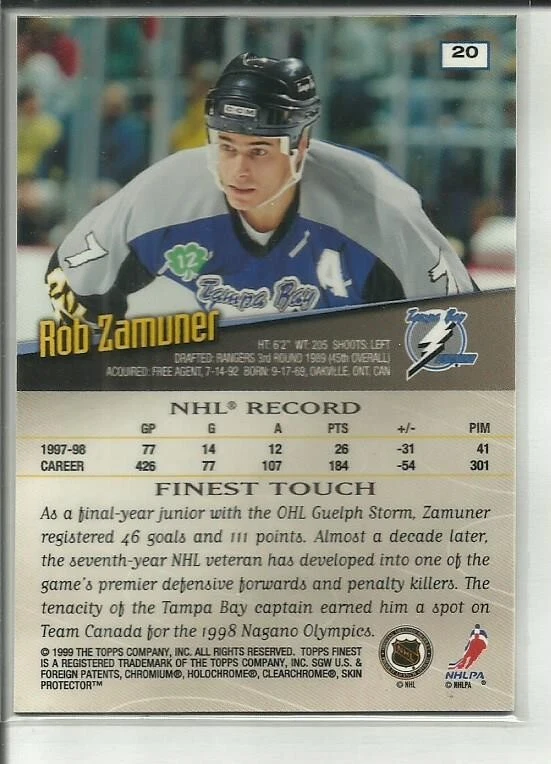 1998-99 Topps Finest #20 Rob Zamuner Tampa Bay Lightning - Image 2 of 2