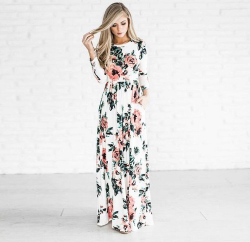 Women Floral Print Long Sleeve Boho Dress Ladies Evening Party Long Maxi Dress - Picture 5 of 15