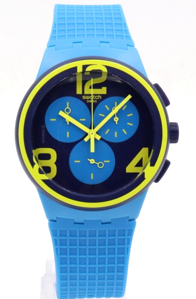 Swiss Swatch Originals ON YOUR MARK Blue Silicone Chrono Watch 41mm SUSS100 &dollar;130