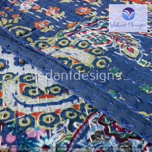 Handmade Cotton Vintage Paisley Twin/Single Kantha Quilt Indian Bedspread - Picture 4 of 4