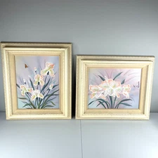 2 Vintage Oil Paintings Pastel Flower Iris Butterfly Framed Signed King 12x14