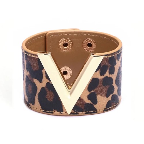 Simple V Word Wide Snap Bangle PU Leather Big Bracelets Statement Jewelry - Picture 4 of 22
