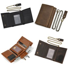 Men's Leather Tri-fold Vintage Biker Chain Wallet With Snap Closur CARD Holder S