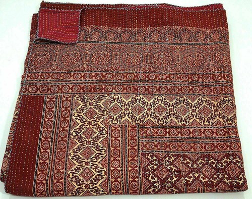 Handmade Floral Kantha Embroidery Double Blanket Throw Boho Hippie Bedspread - Picture 6 of 7