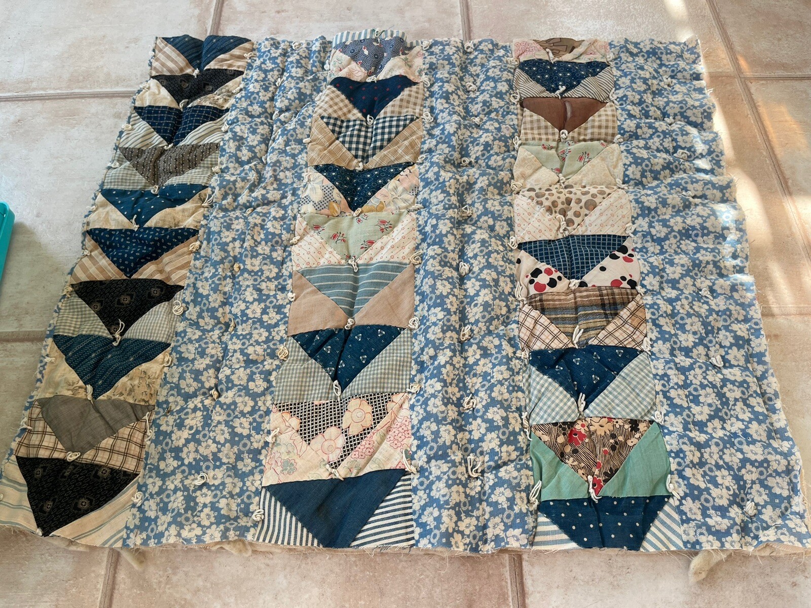 Antique 1800s Quilt Block Table Mat Hand Pieced  Blue Primitive AAFA Raw Edges