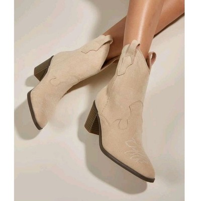 SHIEN Women Faux Suede Embroidered Detail Chunky Heeled Western Boots