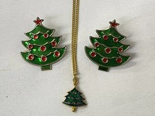 Holiday Christmas Tree Jewelry Set Earrings with Gold Tone Tree Pendant Necklace