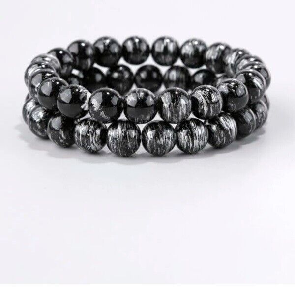 2pcs Set Mens Black Beaded Stone Glass Wristband Bangle Bracelet Cuff Birthday 2pcs Set Mens Black Beaded Stone Glass Wristband Bangle Bracelet Cuff Birthday