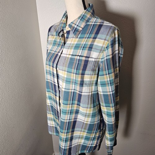 ALFRED DUNNER Women's Button Up Shirt Size 12 Blue Yellow Plaid Long Sleeve - Picture 2 of 14