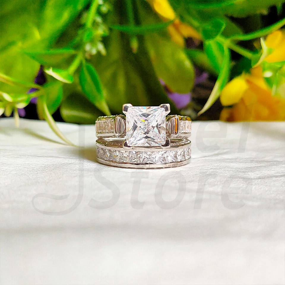 Braut Ring Set 3 Karat Princess Diamant Trauring Verlobungsring Weißgold-Finish - Bild 3 von 4