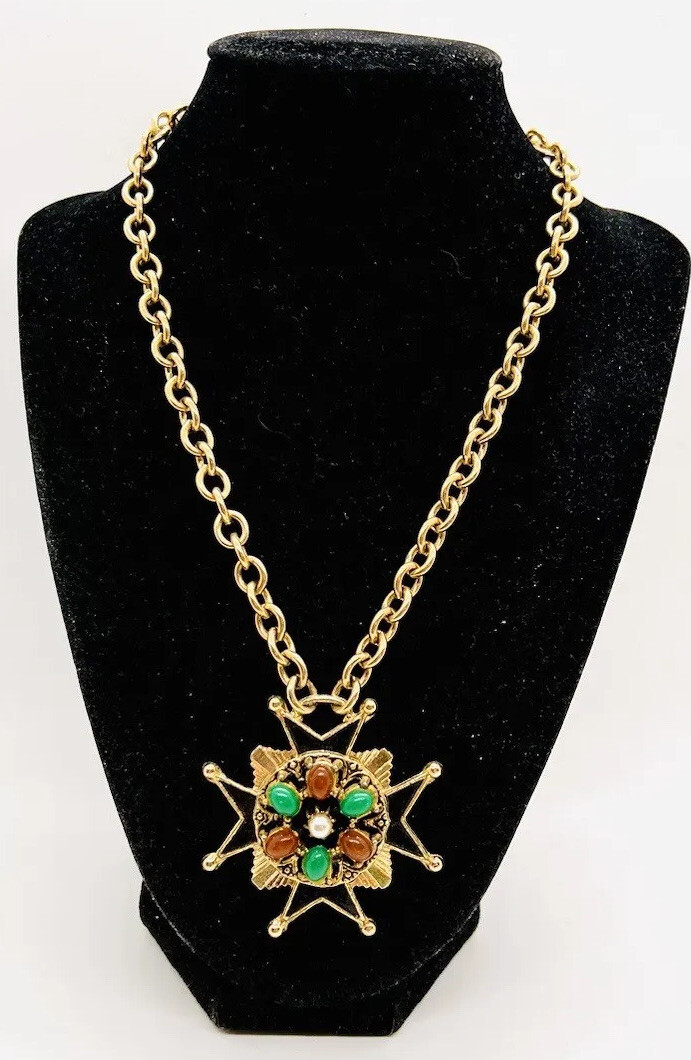 Maltese Cross Necklace Faux Jade & Carnelian Black En… Gem