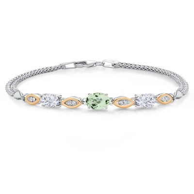 925 Silver and 10K Yellow Gold Green Prasiolite and White Moissanite and White
