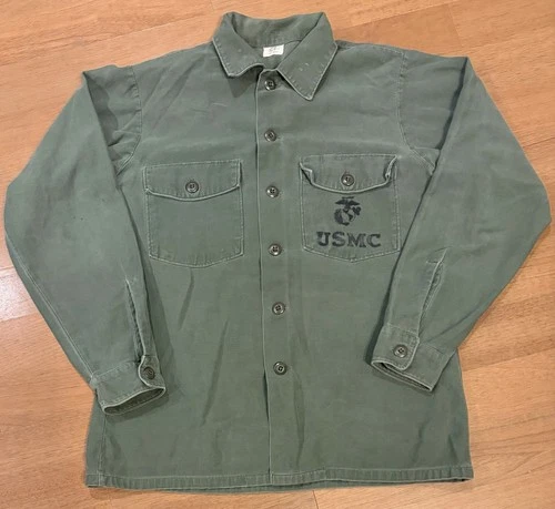 Vietnam War Era USMC Uniform Shirt Stencil Vintage Military OG-107 Green Mens M
