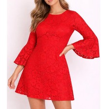 Lulu's watermelon red Lace Dress fit & Flare with trumpet sleeves SZ LG