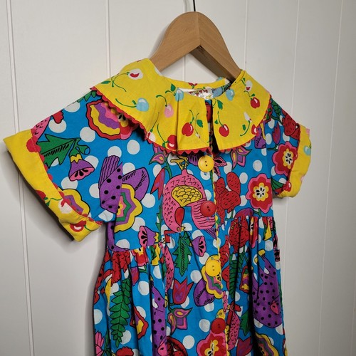 Vintage Chicken Noodle Girls Dress Sz 5 Floral Pink Blue Yellow Summer Colorful - Picture 4 of 11
