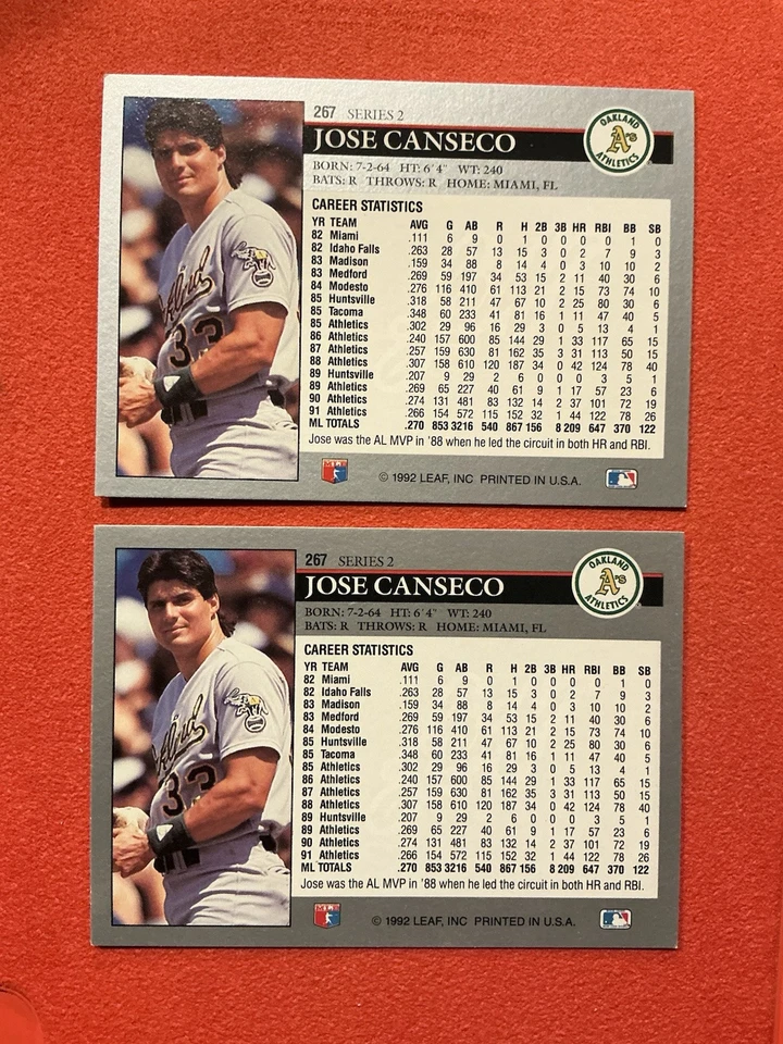 1992 Leaf #267 Jose Canseco Oakland Athletics (x2) 🔥🔥🔥 - Image 2 of 2
