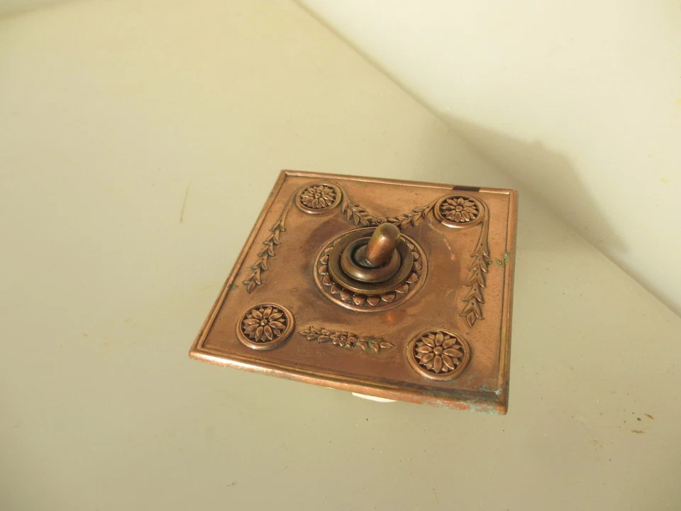 Vintage Brass Light Switch Plate Ceramic Deco Old Antique Toggle Art Deco Copper - Image 3 of 4