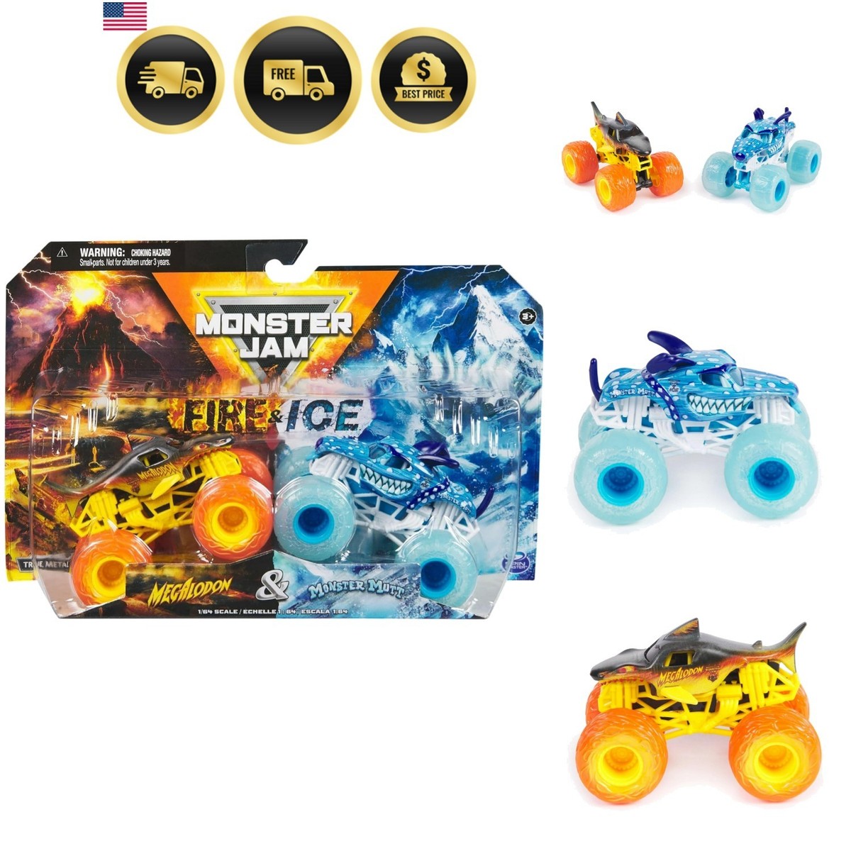 2024 Fire & Ice 1:64 Diecast Monster Truck 2-pack Megalodon
