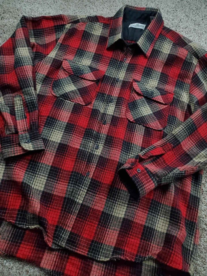 Винтажная мужская рубашка Sears Roebuck 2XL высокая красная черная клетчатая шерстяная смесь фланель 90-е - Изображение 2 из 4