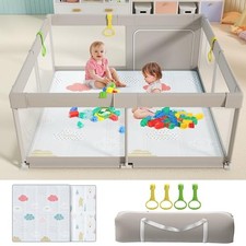 UANLAUO 59X59" BABY/ TODDLER PLAYPEN WITH MAT - GRAY/BEIGE