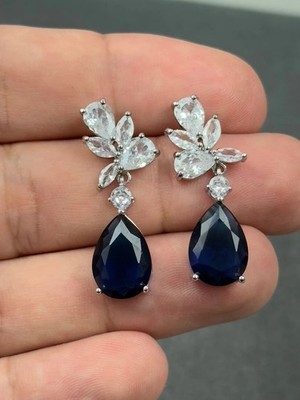2.50Ct Pear Cut Simulated Blue Sapphire Drop Earrings In 14k White Gold Plated