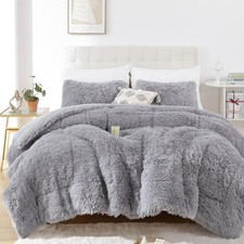Fluffy Comforter Set, Faux Fur Comforter Set Size, Luxury Fuzzy Queen Grey