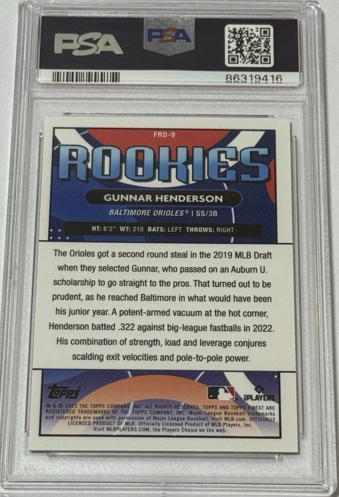 Topps 2023 Finest Gunnar Henderson RC FRD-9 Gold Mini-Dia /50 PSA 10 view 2