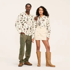 Adult Bird Motif Long Sleeve Button-Down Flannel Shirt - Woolrich Cream Multi