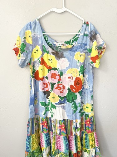 Jams World Vintage Gr. XL Babydoll Mehrfarbig Blumen Viskose Kleid Kunst Patchwork