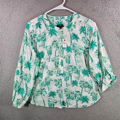 Talbots Petite Green White Palm Tree Print Cotton Roll Tab Blouse NWT PS