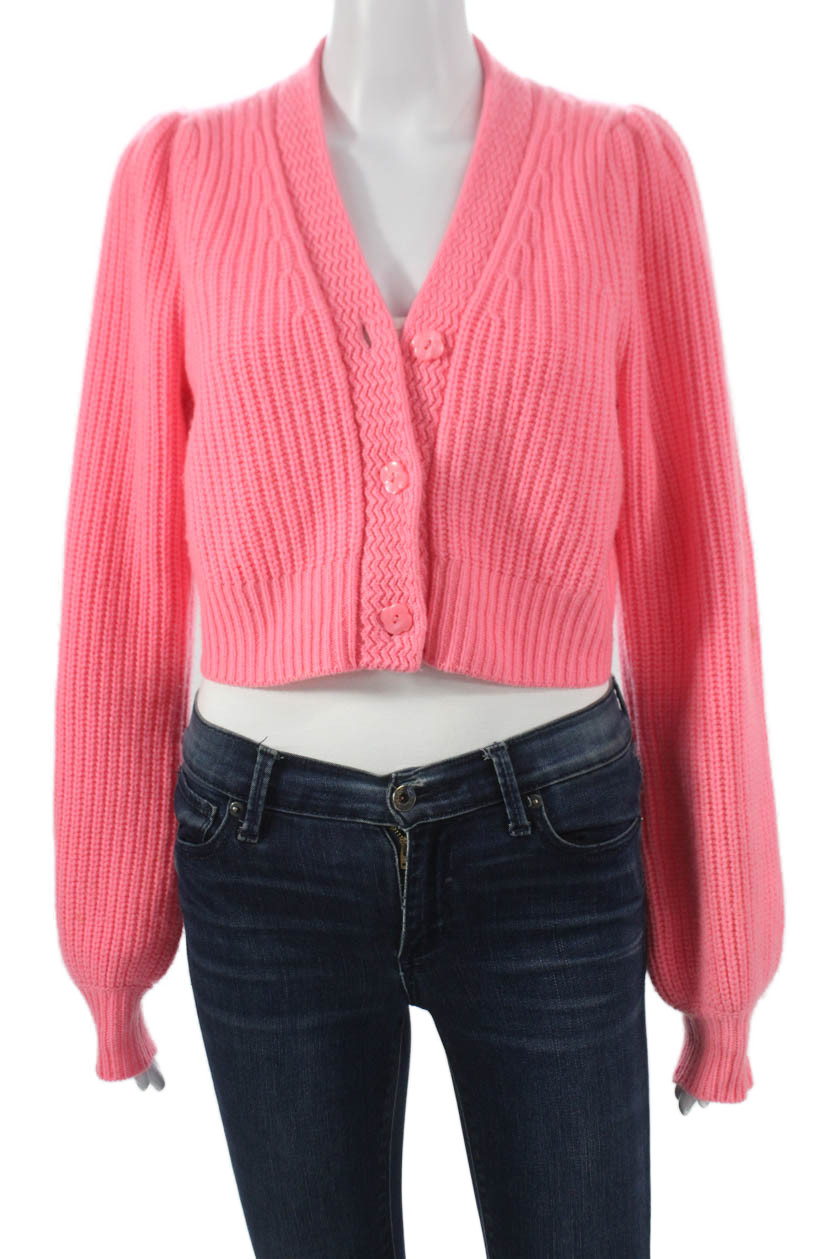 Love Shack Fancy Womens Pink Wool V-Neck Solid Long Sleeve Cardigan Size XSFree Shipping in US $100+ Orders | $6.95 Orders Below